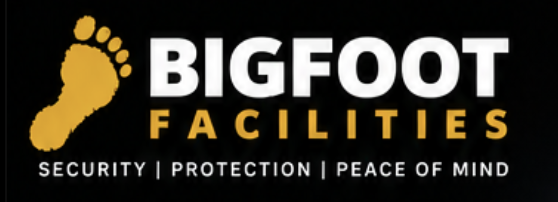 Bigfoot Facilities logo with yellow footprint, bold text, and tagline Security, Protection, Peace of Mind.